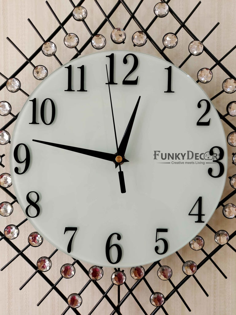 Stylish Flora Diamond Studded Silent Movement Pendulum Metal Wall Clock- FunkyDecors Clocks