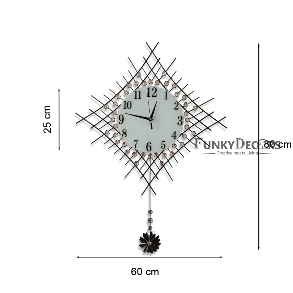 Stylish Flora Diamond Studded Silent Movement Pendulum Metal Wall Clock- FunkyDecors Clocks